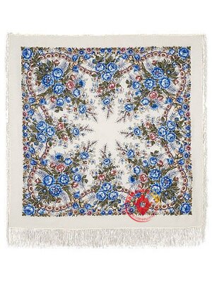 Павлопосадский шерстяной платок с шелковой бахромой «Весеннее утро», рисунок 555-4