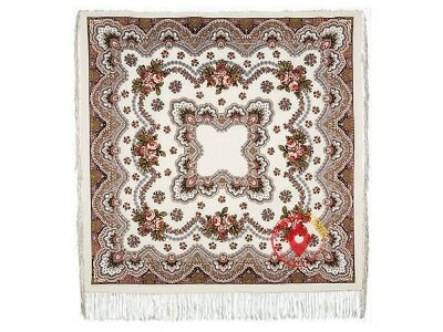Павлопосадский шерстяной платок с шелковой бахромой «Журавушка», рисунок 527-1