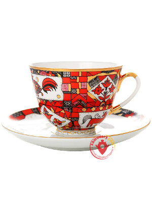 Чайная пара форма Весенняя рисунок Красный конь Императорский фарфоровый завод