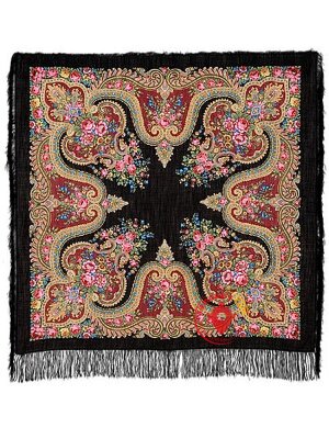 Павлопосадский шерстяной платок с шелковой бахромой «У камина», рисунок 1154-18