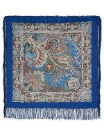 Павлопосадский шерстяной платок с шелковой бахромой «У синего моря», рисунок 681-13