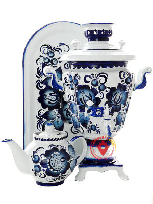 Самовар электрический 3 литра с росписью "Гжель" в наборе с чайником и подносом, арт. 130309